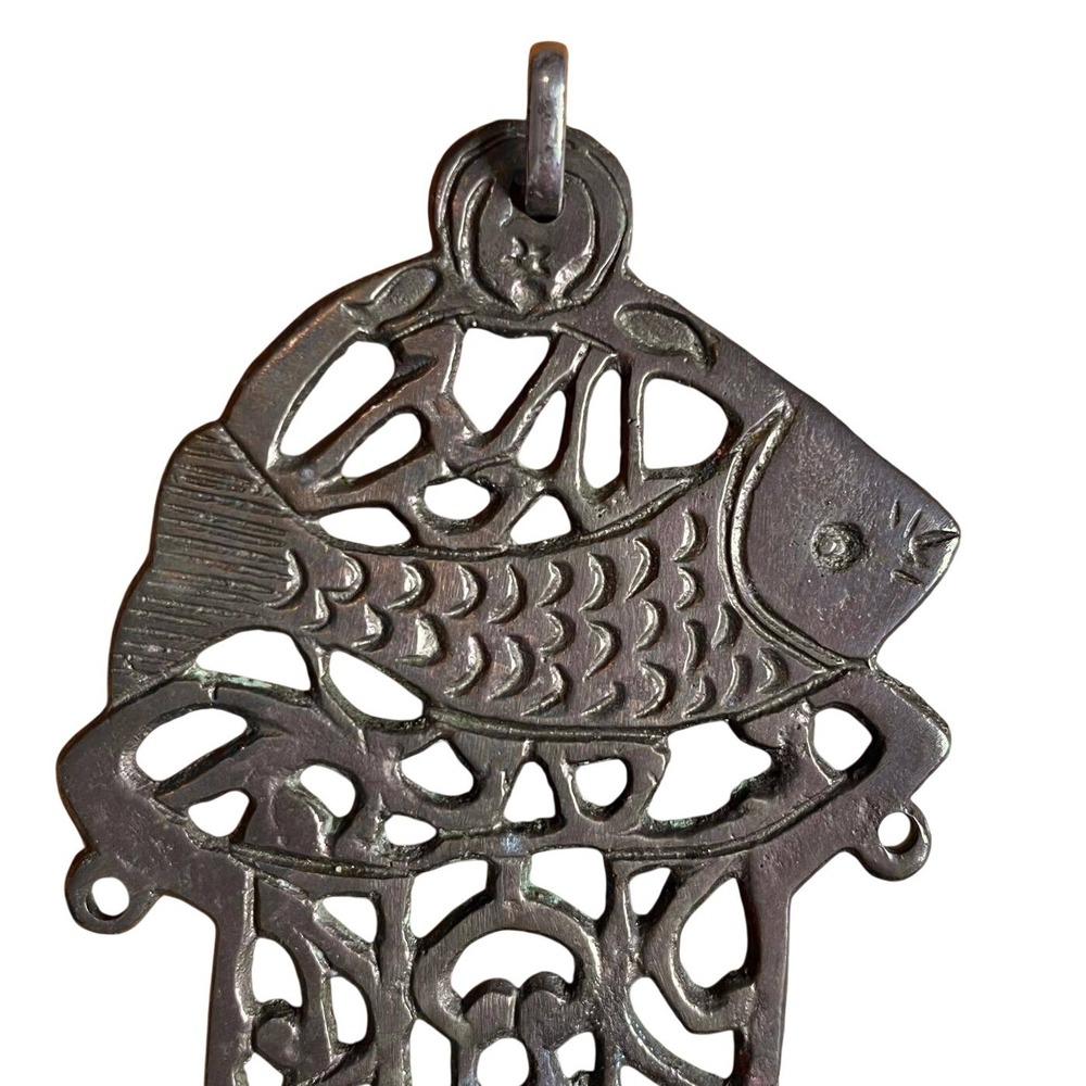 Vintage Brass Hamsa Wall Hanging Fish Mid Century Israeli Judaica Boho Spiritual - Picture 3 of 6